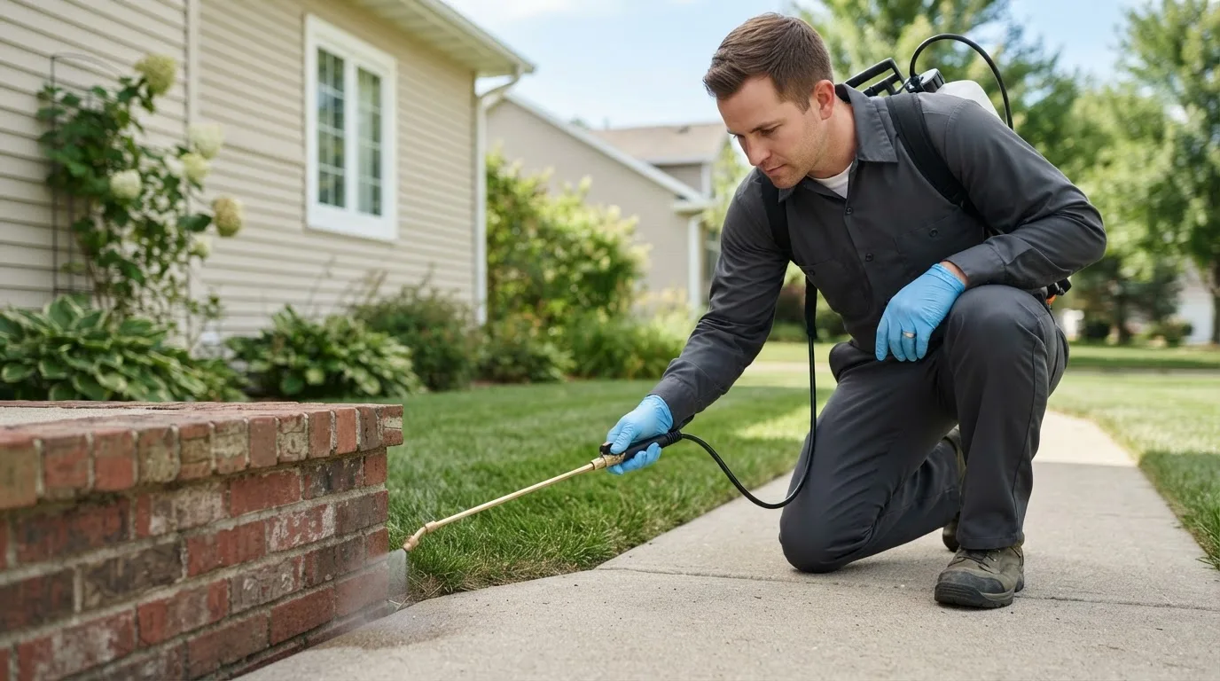 Pest control technician treating a home near Pisgah Forest, NC